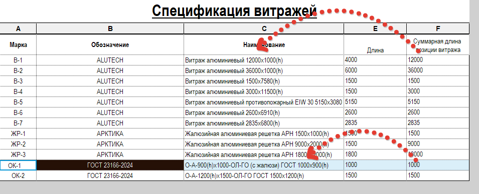 Спецификация О_Спецификация витражей после выполнения скрипта
